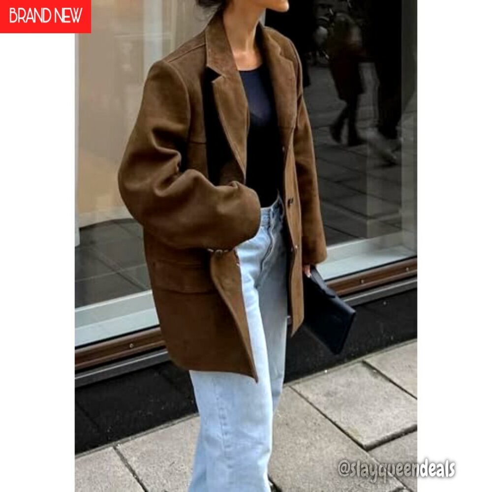 Oversized Faux Suede Jacket Notched Lapel Button Down Long Sleeve Pockets - Picture 4 of 7